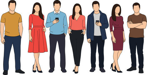 Obraz premium Diverse group of professional men and women standing together in casual business attire using smartphones flat vector illustration for modern communication and technology concepts.