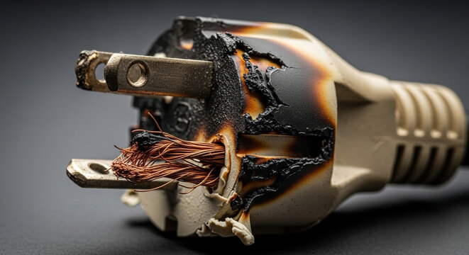 Burnt electrical plug with exposed wires on dark background