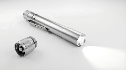 Silver Metal Medical Penlight and Cap for Pupil and Throat Examination on White Surface