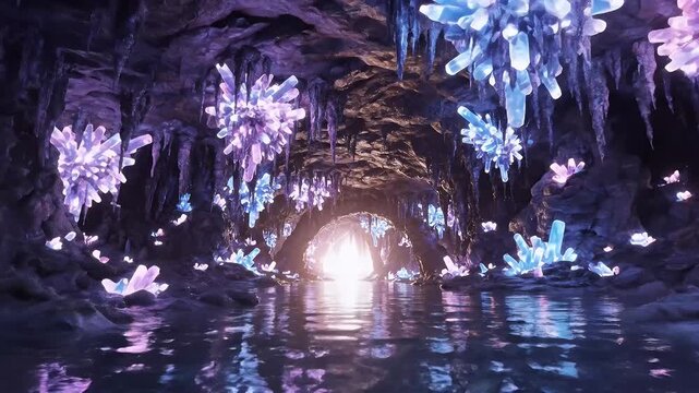 A Vast Fantasy Crystal Cave With Bioluminescent Illumination, Purple and Blue Crystals, and a Reflective Waterway Ending in Light
