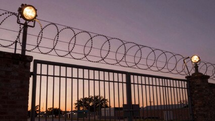 Obraz premium Taken sunrise sunset behind wrought iron gate flanked brick pillars either side each topped barbed wire round