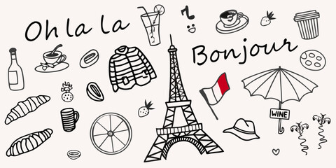 Parisian themed doodles featuring the eiffel tower and french phrases © AnupKumar