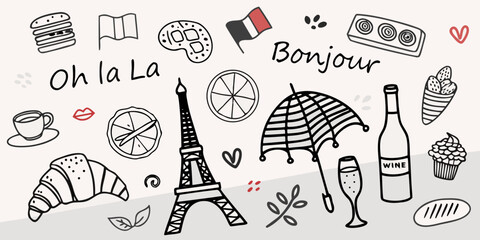Parisian themed doodles including food landmarks and decorative elements © AnupKumar