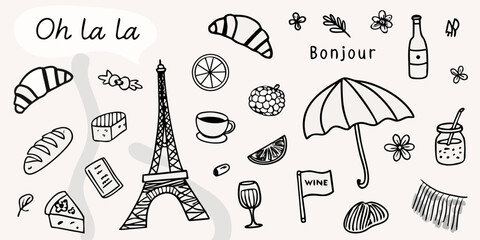 Parisian themed doodles including croissants eiffel tower and french motifs © AnupKumar