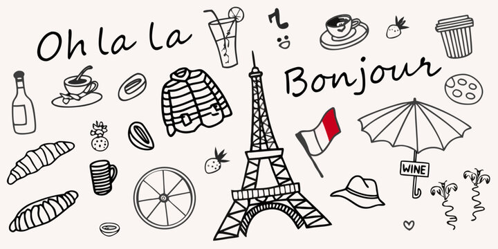 Parisian themed doodles featuring the eiffel tower and french phrases
