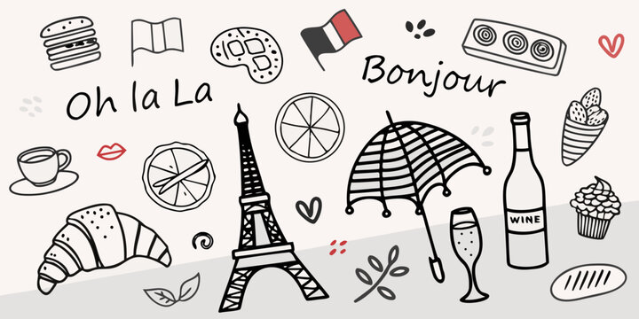 Parisian themed doodles including food landmarks and decorative elements