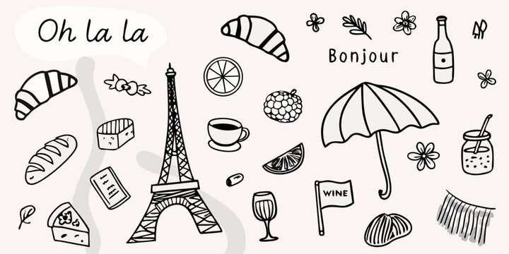 Parisian themed doodles including croissants eiffel tower and french motifs