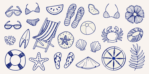 Hand drawn summer objects sunglasses beach chair and various sea life © AnupKumar