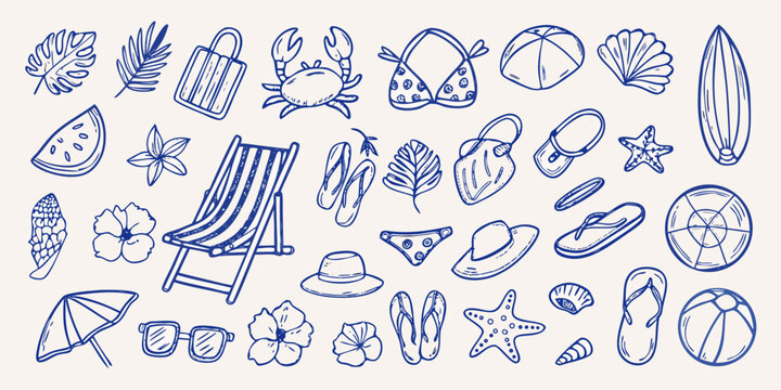 Blue line drawing of various summer and beach themed objects