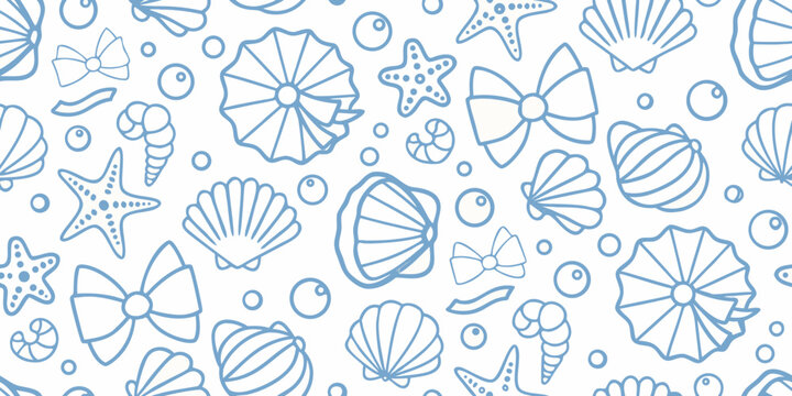 A repeating pattern of blue line drawn seashells and starfish