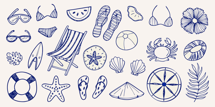 Hand drawn summer objects sunglasses beach chair and various sea life