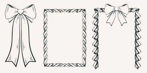 Elegant black and white sketches of bows and a decorative rope frame © AnupKumar