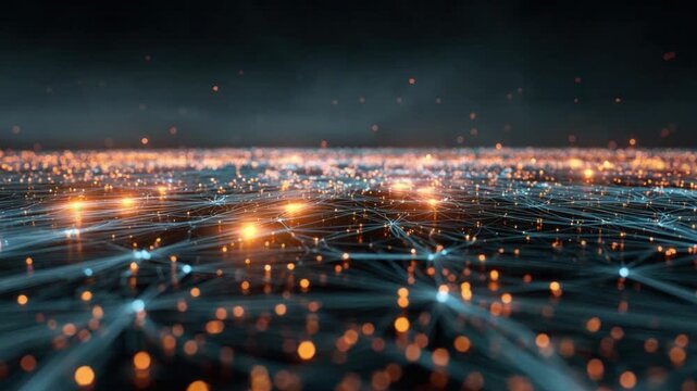 Illuminating Data Universe: A captivating view of interconnected digital pathways, each point a node in a vast network. Golden lights shimmer across this abstract digital landscape.