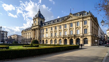 Obraz premium A large, ornate building with a well-manicured lawn and sidewalk