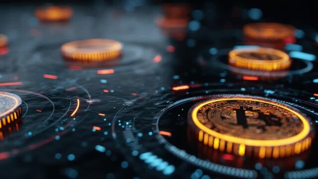 Bitcoin Digital Revolution: Close-up shot showcases a mesmerizing display of golden Bitcoin coins amid intricate digital circuits, hinting at the future of finance.