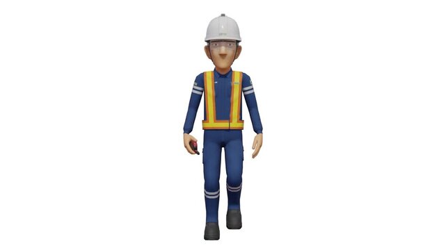 Isolated industrial worker is walking on white background
