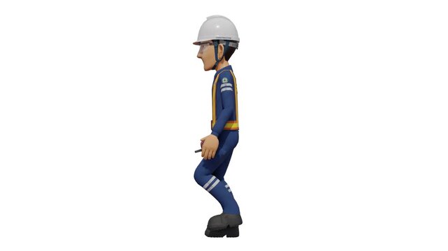 Isolated industrial worker is walking on white background