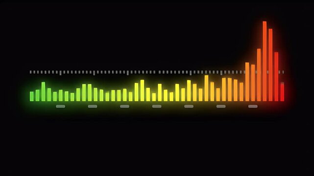 Neon bars pulsate on black, green to red, indicating audio or data volume