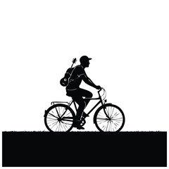 Fototapeta premium Person on bicycle carrying guitar silhouette, traveling musician concept