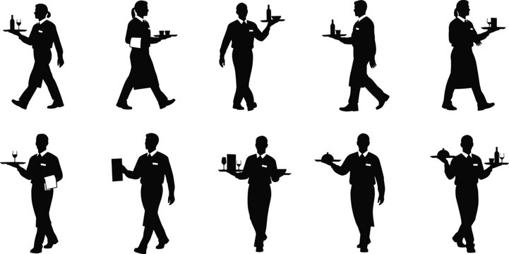 "Collection of ten waitstaff silhouettes holding trays with glasses, bottles, and plates, representing restaurant service, hospitality, professionalism, dining, and customer care"