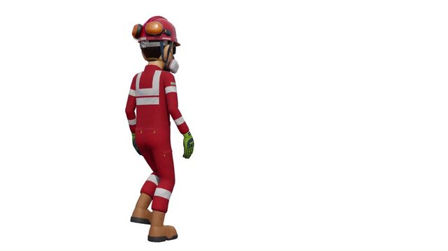 Isolated industrial worker is walking on white background