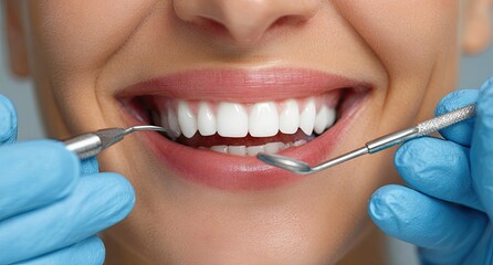 Fototapeta premium Close-up of a bright white smile with dental tools held by gloved hands
