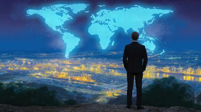 Global Vision: A visionary stands tall, gazing upon a cityscape beneath a celestial map of the world, symbolizing global aspirations and future endeavors.
