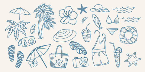 Blue line drawing of various summer vacation and beach themed items