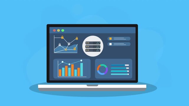 Animated laptop displaying database dashboard with storage icon, charts, and panels, representing data organization, monitoring, and analytics in a modern flat design.