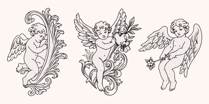 Three cherubic angels with wings and floral ornamentation in a sketch
