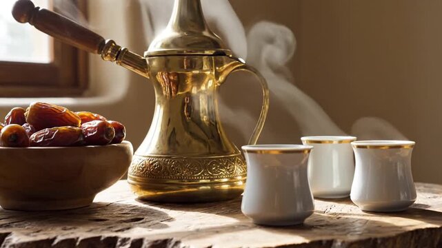 Traditional Arabic coffee pot with dates and cups on wooden table