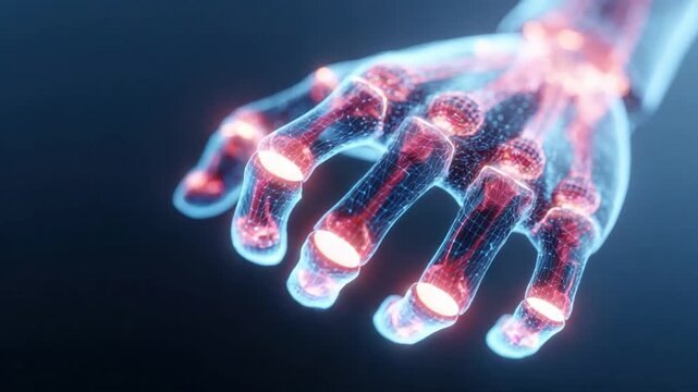 Human Hand Anatomy: A detailed anatomical representation of a human hand, with vibrant highlighting of bones, joints, and arteries.