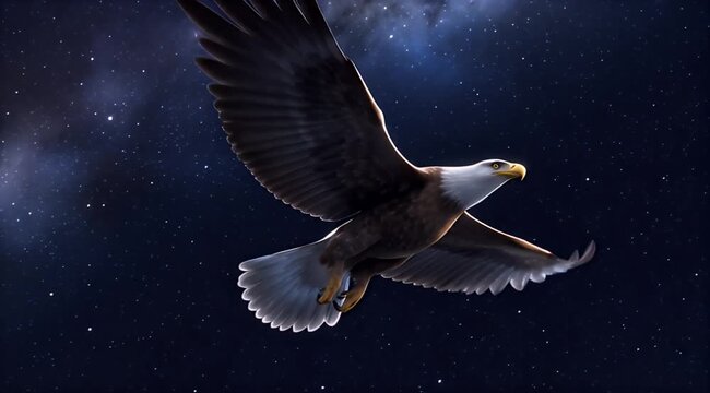 Majestic bald eagle flying through a star-filled deep blue night sky, wings spread