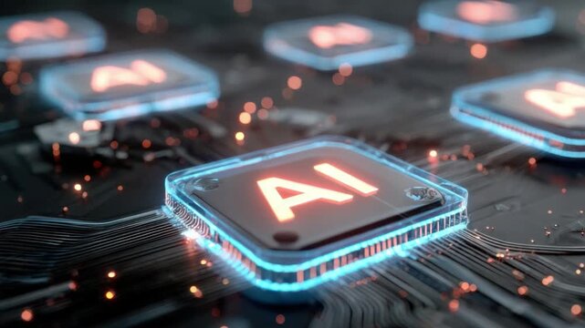 AI Innovation: Illustrating the convergence of artificial intelligence with advanced technology, with glowing AI chips integrated onto a motherboard.