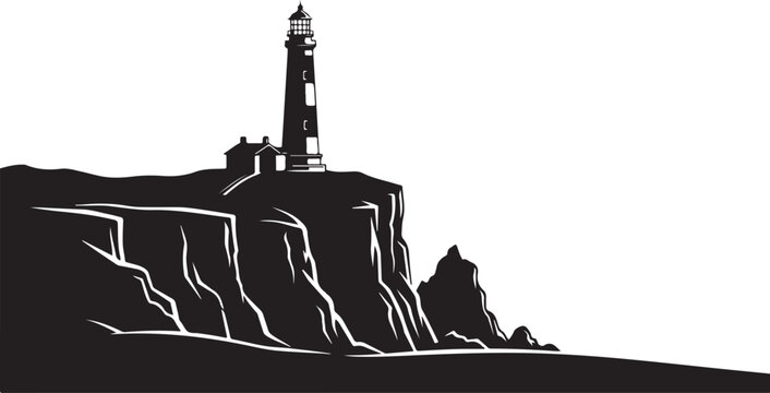 Vector lighthouse on cliff silhouette, black and white illustration