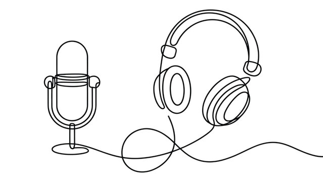 minimalist continuous line drawing of microphone and headphones audio podcast music recording concept simple outline vector illustration
