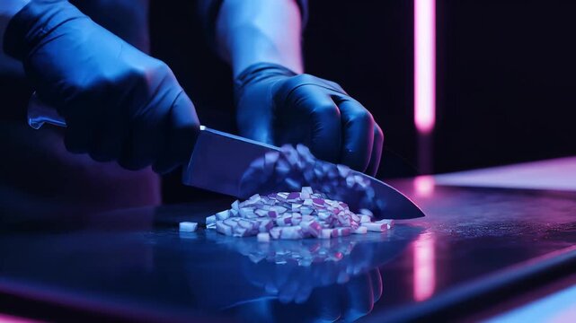 Hands in black gloves cutting small white and pink objects on a black surface with a knife, blue and pink neon lighting, dynamic motion, symbolizing preparation and creativity.