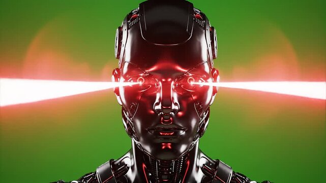 Futuristic robot cyborg face with glowing red eyes and laser beams on green screen background