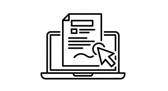 Graphic depiction of a laptop displaying a document with a clickable link, illustrating online forms and digital workflow.