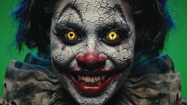 Scary Clown with Cracked Face and Glowing Eyes, Horror Character