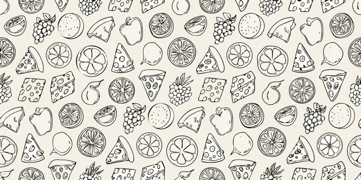 A seamless pattern featuring hand drawn fruits cheeses and citrus slices