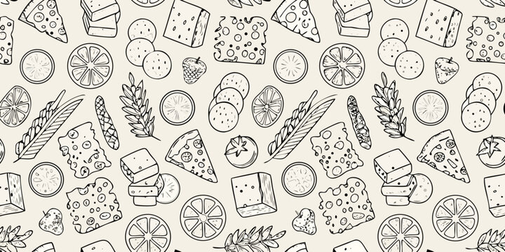 Seamless pattern of cheese citrus slices wheat and floral elements