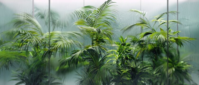 Eco-friendly wallpaper background featuring silhouettes of tropical plants on frosted glass, perfect for creating a serene, nature-inspired atmosphere in interiors.