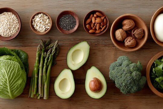 Overhead photo of a healthy food flat lay on a wooden table