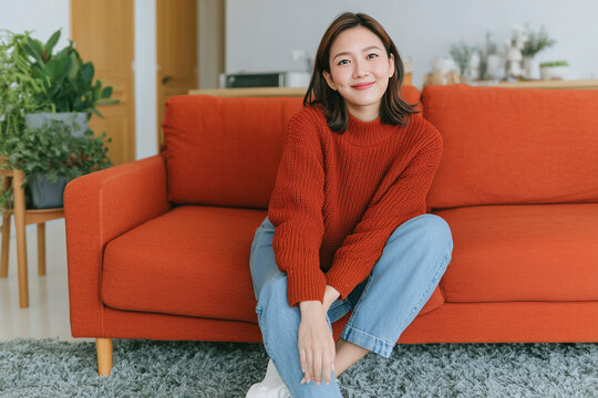 wide angle shot of young woman candid smile with casual cloth sitting in the bright coz home