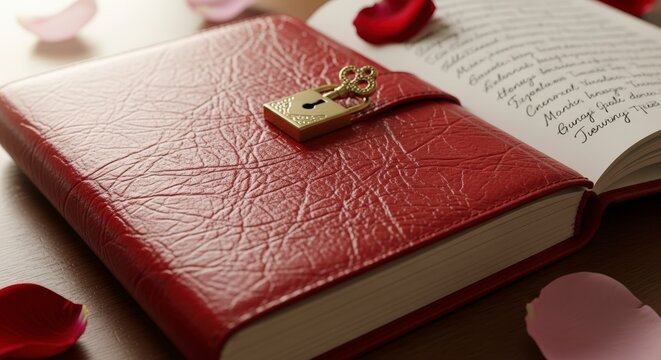 Red Leather Journal with Lock and Rose Petals.