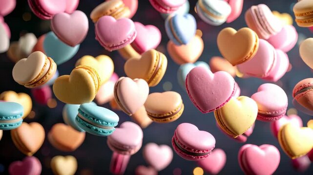Heart shaped macarons in pastel colors floating against a dark bokeh background