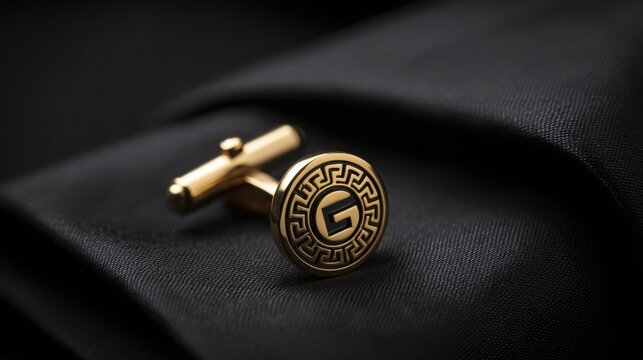 Polished gold cufflink with engraved geometric pattern and initial G, a symbol of luxury and elegance