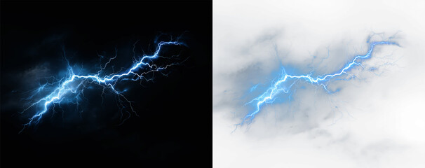 Lightning strike ethereal blue electric discharge appearing through dense white smoke and fog clouds overlay thunder effect png © Alehandro