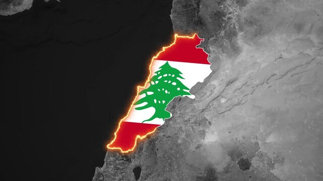 Lebanon map and flag with glowing borders on a black and white world map